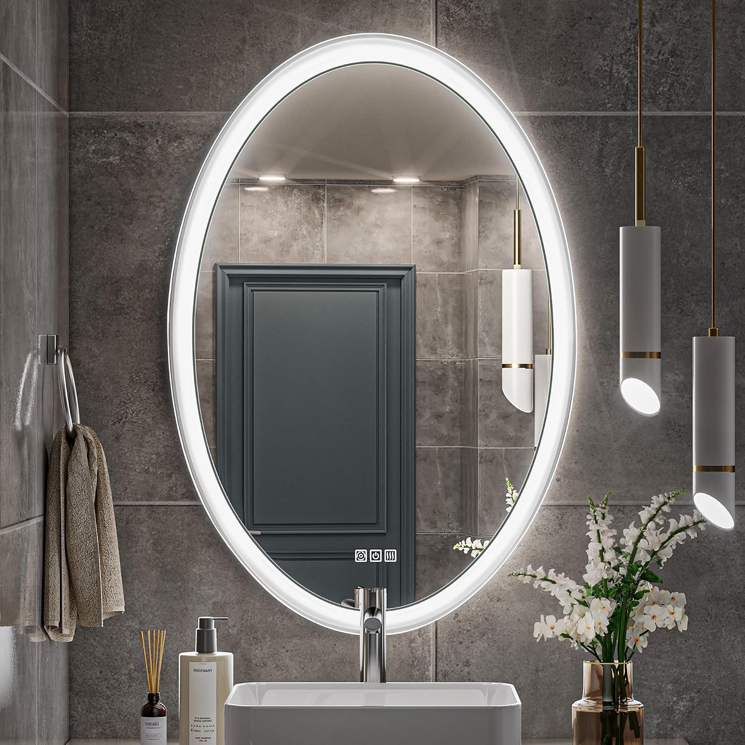 Home Bathroom Colors - 24x36 Ovaler LED-Badezimmerspiegel, Antibeschlag, 3 Farben