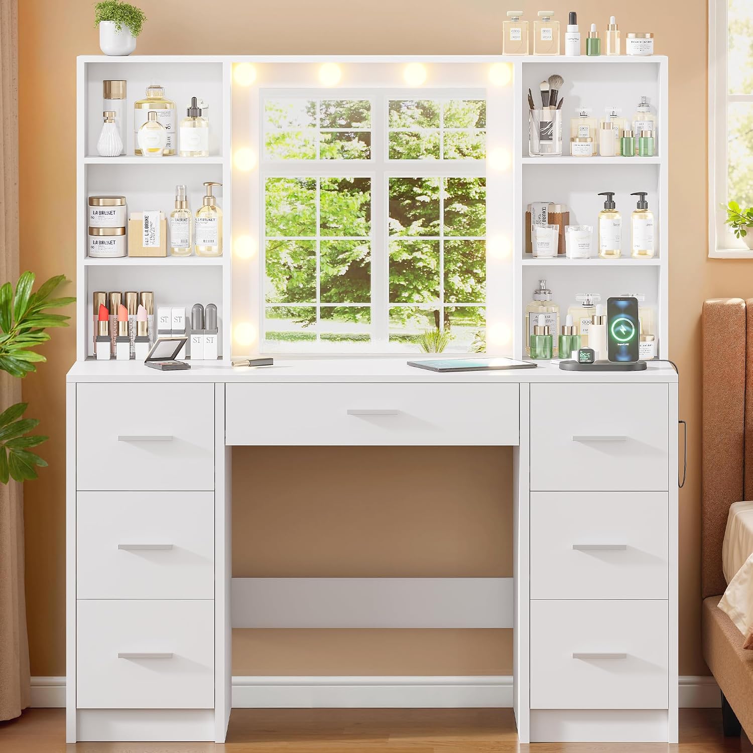 Home Outlet Bathroom Vanity - Großer Schminktisch mit LED-Spiegel & Steckdose,