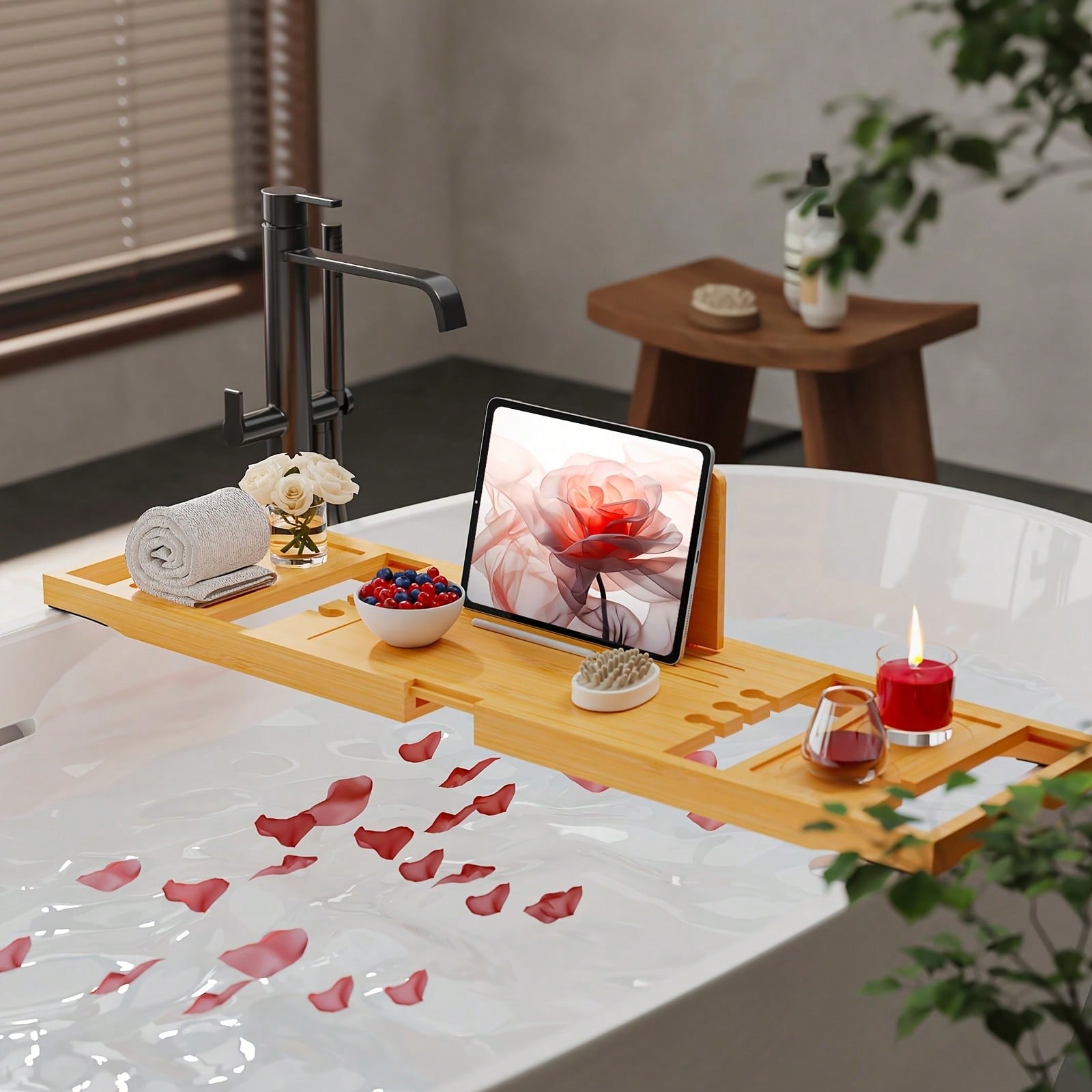 Bath Caddy Tray - Badezimmer-Organizer aus Bambus, ausziehbar, für Tablet,