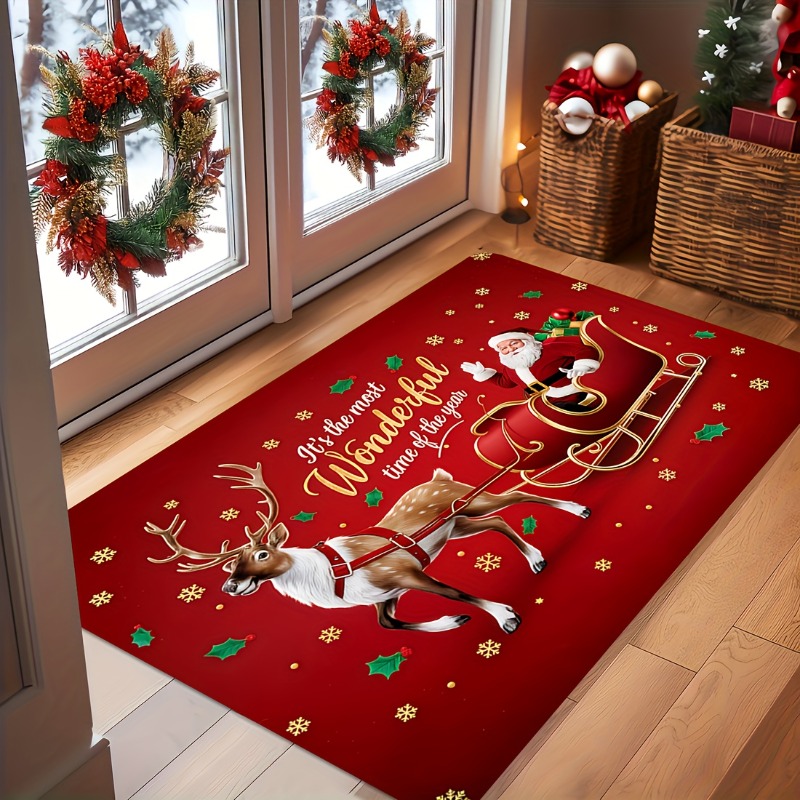 Home Bathroom Quotes - Rote Weihnachts-Flanell-Fußmatte mit Weihnachtsmann-Schlitten, Rentier, Stechpalmen