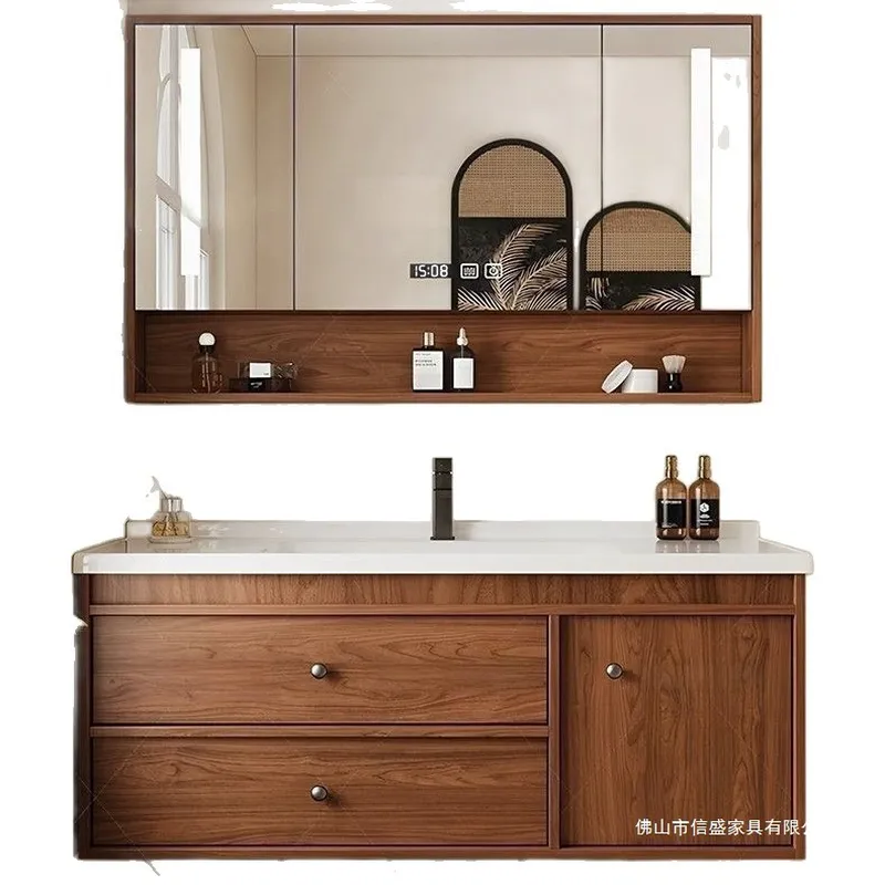 Home Bathroom Wash Basin - Vintage-Badezimmerwaschtisch aus Massivholz mit integriertem Keramikwaschbecken,