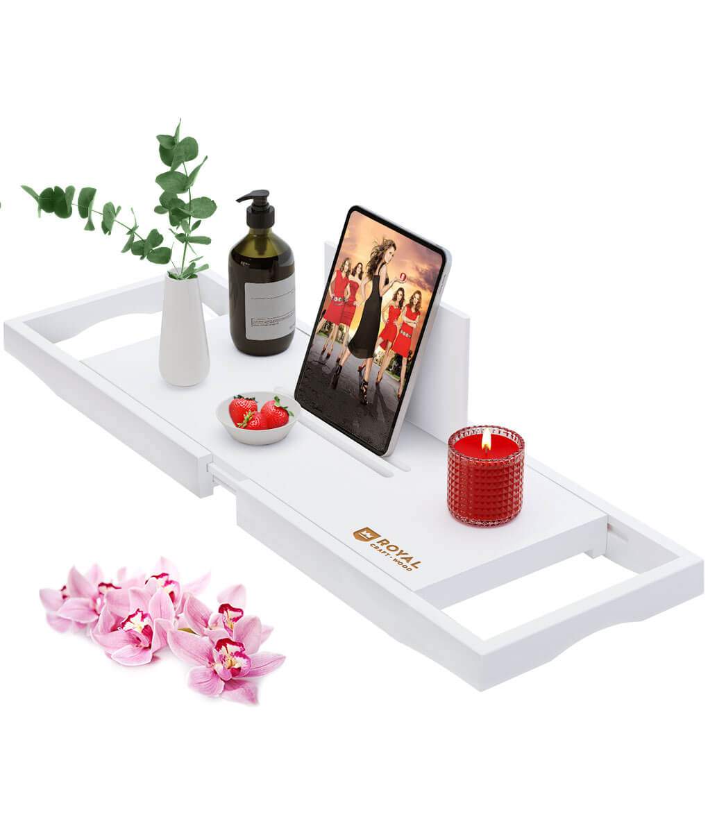 Bath Caddy Tray - Luxuriöses, erweiterbares Bambus-Badewannentablett, Organizer für die