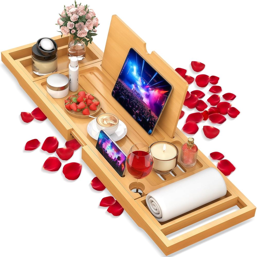 Bath Caddy Tray - Eleganter Bambus-Badewannen-Organizer mit Verstellbaren Seitenwänden, Vielseitiges